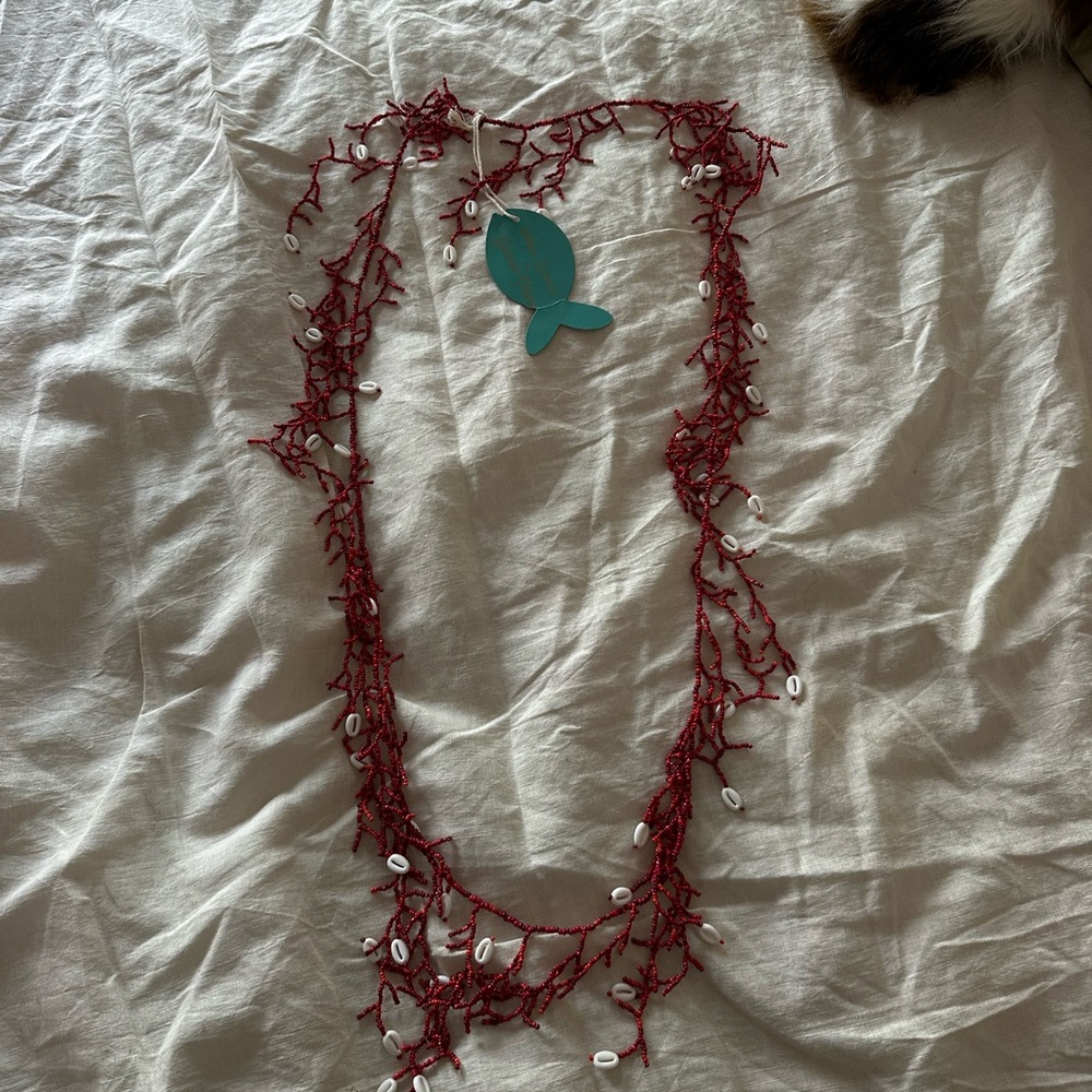 Trendy Boutique Red Coral Necklace with White Shells